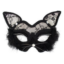 PartyXplosion Oogmasker - Poes - Kat - Met Kant & Marabou - Zwart